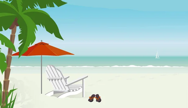 Deck Chair Tropical Beach Flip Flops Sailboat Distance Easy Edit — стоковый вектор