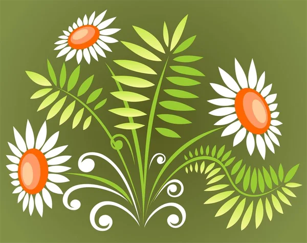 Три Украшенные Белые Цветы Изолированы Зеленом Фоне — стоковый вектор