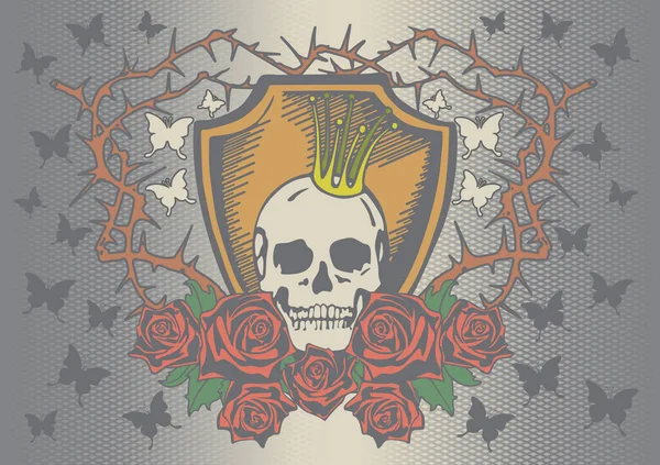 Totenkopf Mit Krone Und Roten Rosen Auf Düsterem Hintergrund — Stockvektor