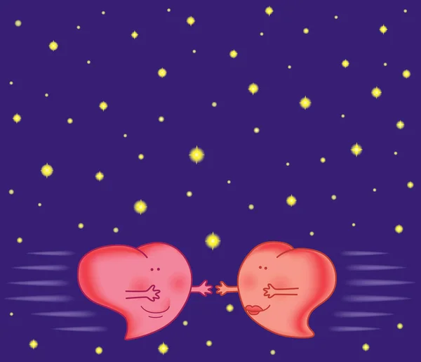 Two Funny Hearts Flying Embrace Each — ストックベクタ