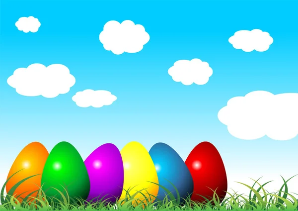 Huevos Pascua Sobre Hierba Con Diferentes Colores Sobre Cielo Azul — Vector de stock