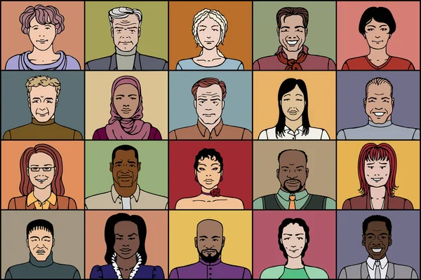 20名不同性别和不同国籍的成年人 — 图库矢量图片
