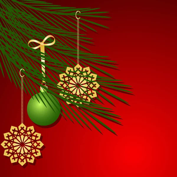 Nahaufnahme Des Geschmückten Weihnachtsbaums Auf Rotem Hintergrund — Stockvektor