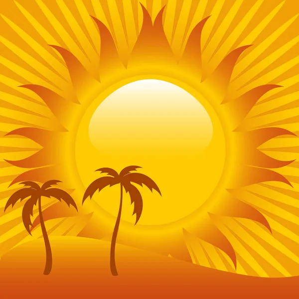 Illustration Vectorielle Coucher Soleil Brillant Derrière Les Palmiers — Image vectorielle