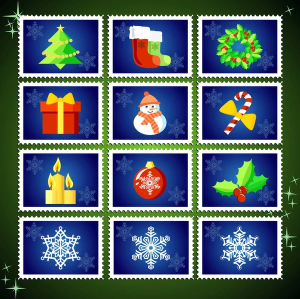 Vector Weihnachts Briefmarkensammlung Set Blau — Stockvektor