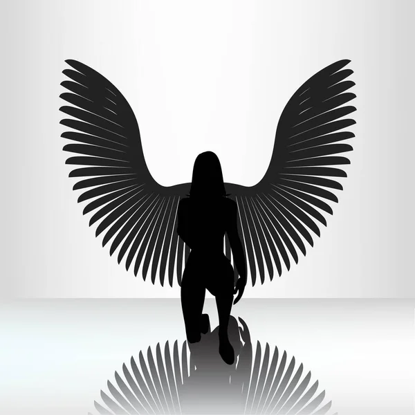 Векторная Иллюстрация Силуэта Черного Ангела Стоящего Коленях Блестящей Поверхности — стоковый вектор