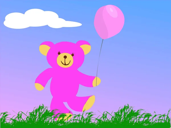 Ursinho Pelúcia Rosa Feliz Segurando Balão Rosa — Vetor de Stock
