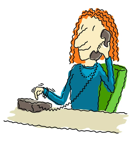 Ilustração Vetorial Uma Mulher Negócios Feliz Sua Mesa Discando Telefone — Vetor de Stock