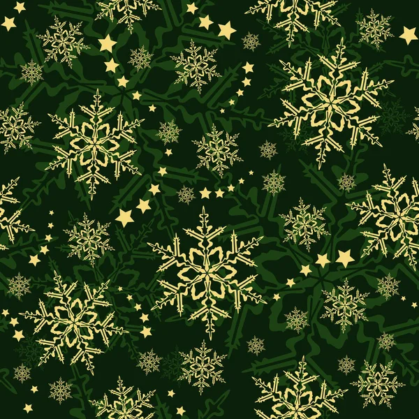 黄金の緑の雪片 シームレスにタイル冬のパターン — ストックベクタ