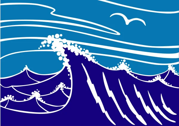 水の上に大きな波がある重い海 — ストックベクタ