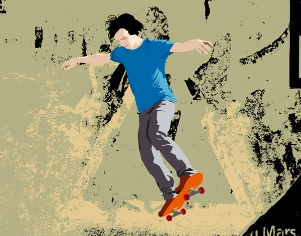 Jeune Skateboarder Sautant Illustration Vectorielle Avec Fond Gris — Image vectorielle