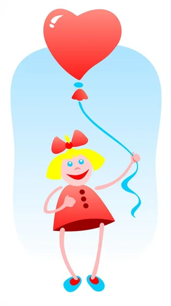 Cartoon Little Girl Balloon Blue Sky Background — Stock Vector