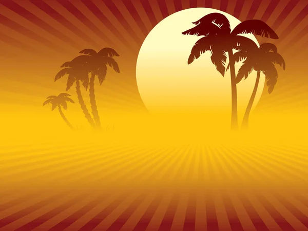 Tropical Sunset Desert Beach Oasis Palm Trees — Stock Vector