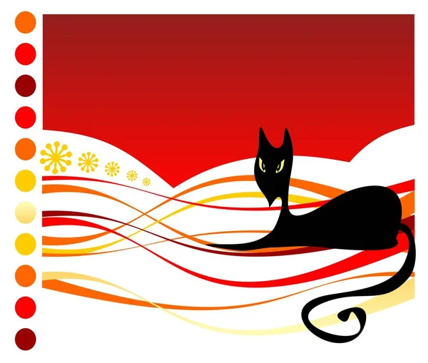 红色条纹背景上有花哨的黑猫 万圣节插图 — 图库矢量图片