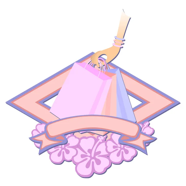 Bras Féminin Tenant Des Sacs Provisions Sur Logo Avec Des — Image vectorielle
