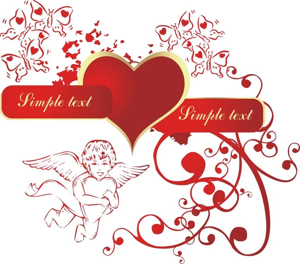 Rött Hjärta Miljö Cupid Och Fjärilar — Stock vektor