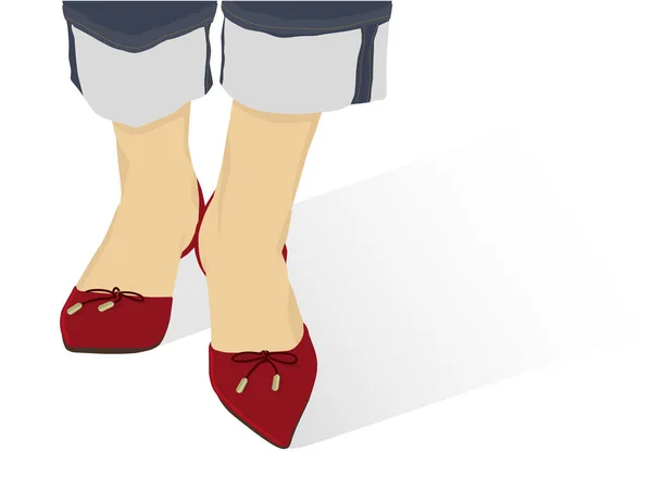 穿着红鞋子和带袖口的蓝色牛仔裤的女人 — 图库矢量图片