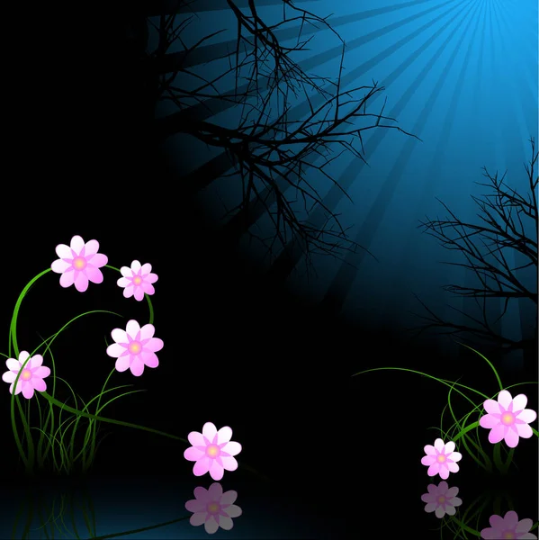 Illustration Vectorielle Forêt Nocturne Avec Des Fleurs Minuit Réfléchies Contre — Image vectorielle