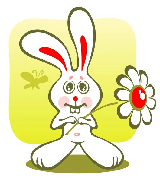 Веселый Мультяшный Кролик Цветком Зеленом Фоне — стоковый вектор