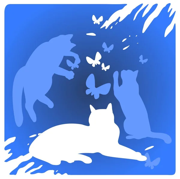 蓝色背景下的三只猫的轮廓和蝴蝶 — 图库矢量图片