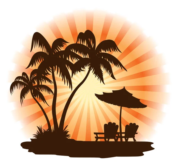 Summer Landscape Sunset Palm Chairs Umbrella — Stock Vector