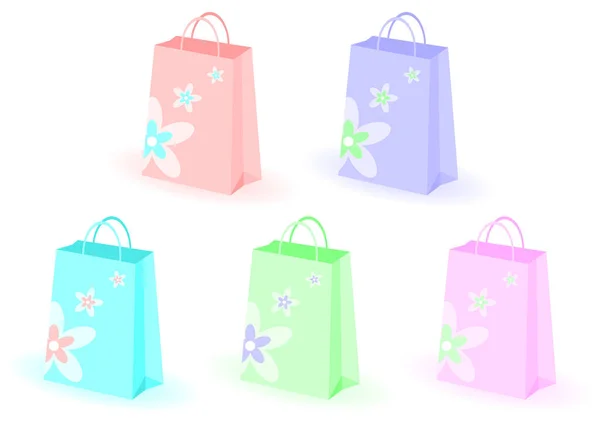 Einkaufstaschen Mit Blumen Auf Weißem Hintergrund Dekoriert — Stockvektor