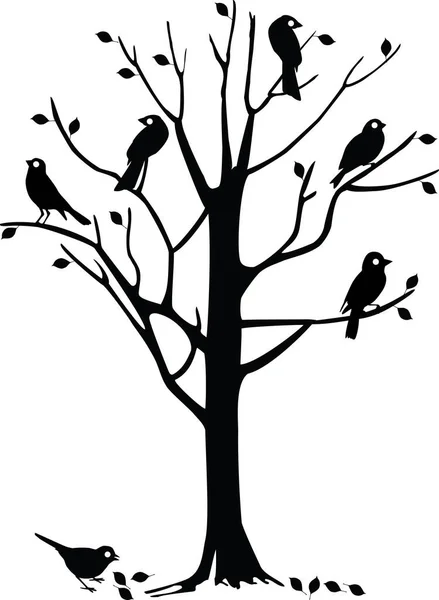 一个有几只黑鸟栖息在上面的树的轮廓的矢量图解 — 图库矢量图片