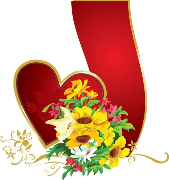 Flores Contra Corazón Rojo Con Bloque Vertical Para Texto — Vector de stock