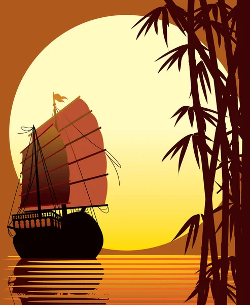 Navio Vela Floresta Bambu Mar Sol — Vetor de Stock
