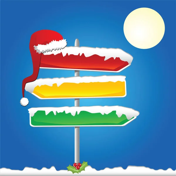 Straßenschilder Verschiedenen Farben Mit Schnee Bedeckt Denen Eine Weihnachtsmütze Hängt — Stockvektor