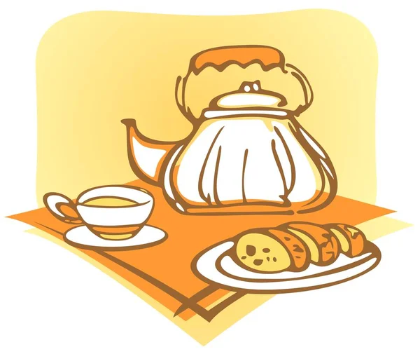 在橙色餐巾纸上的茶壶 茶杯和水果蛋糕 — 图库矢量图片