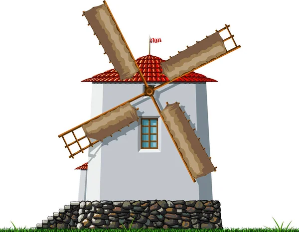 Bílý Větrný Mlýn Červenou Kachlovou Střechou Poledne Trávě — Stockový vektor