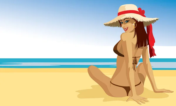 一个漂亮的女孩 在沙滩上享受日光浴 — 图库矢量图片