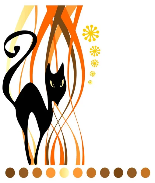 白色条纹背景上有花哨的黑猫 万圣节插图 — 图库矢量图片