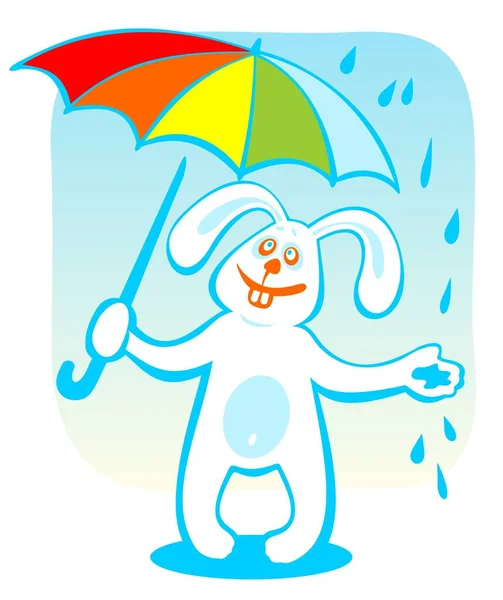 Cartoon Rabbit Umbrella Isolated Blue Background — Stock Vector