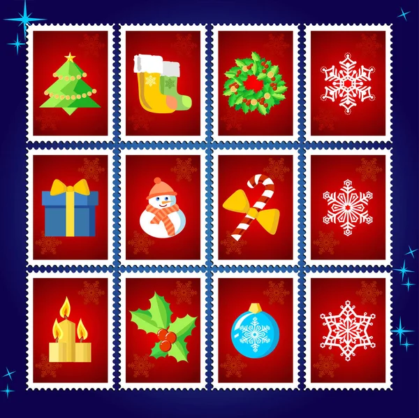 Collection Timbres Noël Vectoriels Set Rouge — Image vectorielle