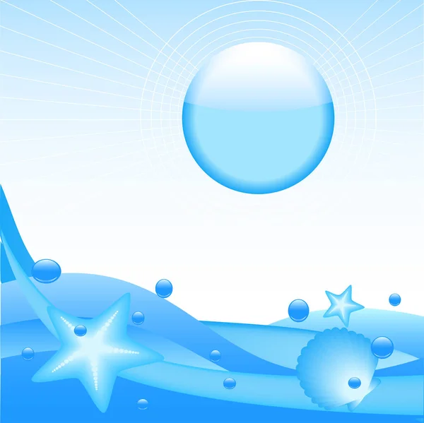 Vector Illustration Sea Waves Star Fish Shells Blue Reflective Sun — Stock Vector