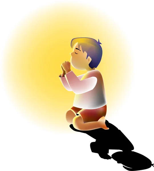 Vektorová Ilustrace Pro Malého Chlapce Klečí Modlitbě Svítí Něj Světlo — Stockový vektor