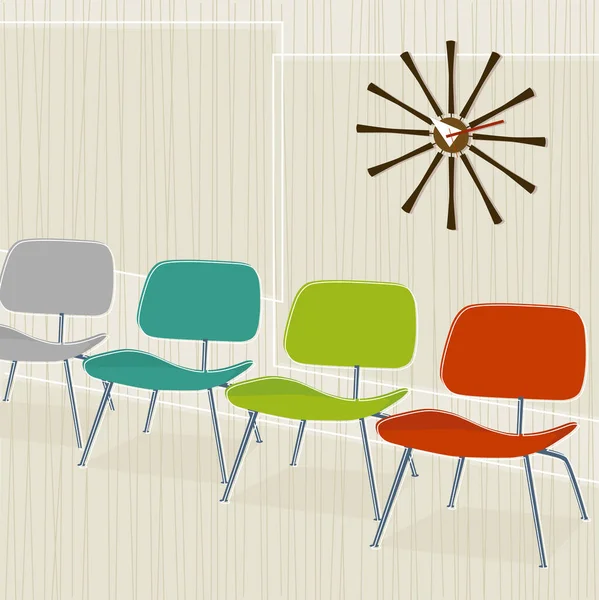 复古的现代化的候车室椅子和壁钟 五彩斑斓 风格各异 每个项目都是完整的 分组的 因此您可以独立于后台使用它们 轻松编辑分层文件 — 图库矢量图片