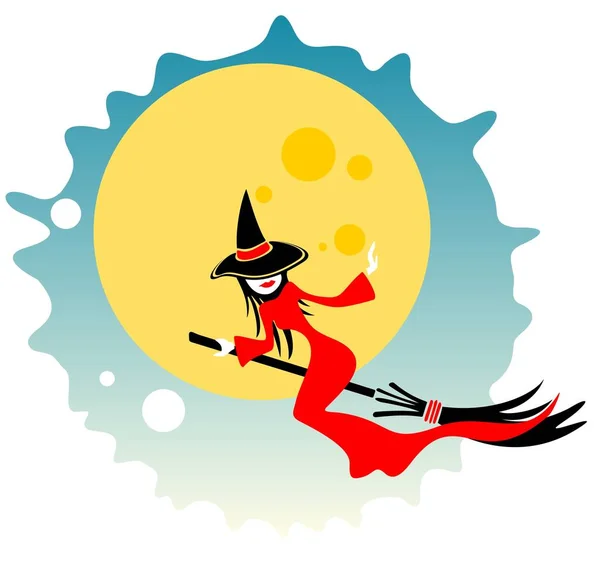 Jolie Sorcière Volant Sur Fond Lune Illustration Halloween — Image vectorielle