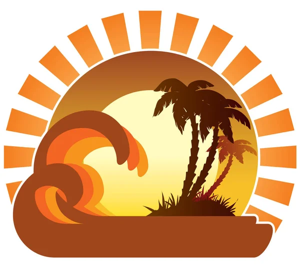 Sörf Dalgaları Tropik Ada Sahildeki Palmiye Ağaçları — Stok Vektör