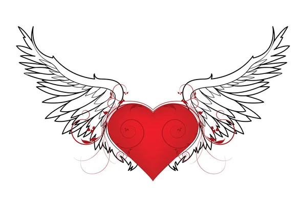 ハート 花と翼を持つバレンタインイラスト — ストックベクタ