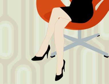 1970 'lerin arka planında havalı bir ofis koltuğunda oturan modern bir kadın. Katmanlı vektör dosyasını kolay düzenle - şeffaflık ya da vuruş yok!