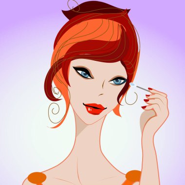 Güzel bir kız elinde aplikatörle makyaj yapıyor.