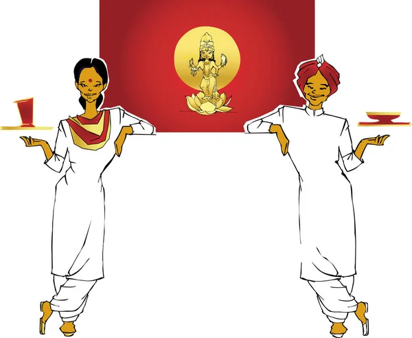 Indische Kellnerin Und Kellnerin Mit Hinduistischer Gottheit Vishnu — Stockvektor