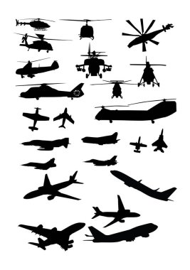 Çeşitli helikopter ve uçak siluetleri siyah
