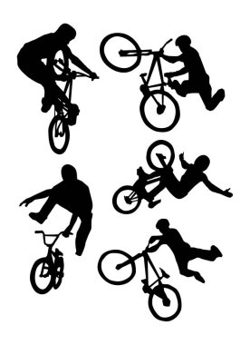 Beyaz arka planda BMX sürücülerinin silueti. Vektör illüstrasyonu.