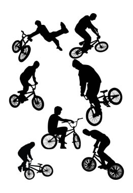 Beyaz arka planda BMX sürücülerinin silueti. Vektör illüstrasyonu.