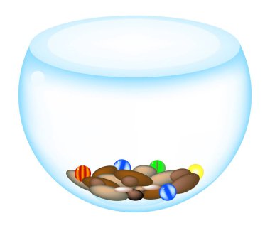 Çakıl taşı ve bilyelerle dolu cam kasenin vektör yanılsaması