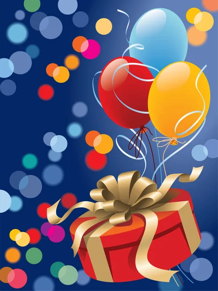 Weihnachtsgeschenk Mit Luftballons Und Leuchtenden Lichtern — Stockvektor